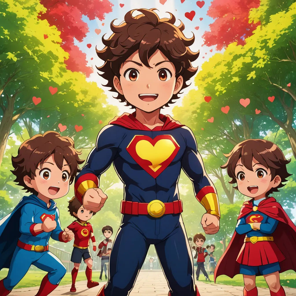 a cartoon of a man and two children dressed as supermans and supergirls, with a background of trees and hearts, superflat, concept art, Adam Manyoki, official art