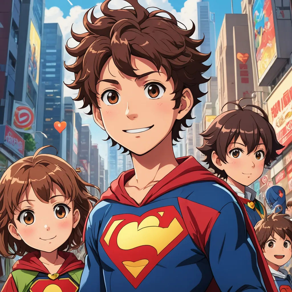 a man in a superman suit standing next to two children in a city street with buildings in the background, superflat, concept art, Adam Manyoki, official art