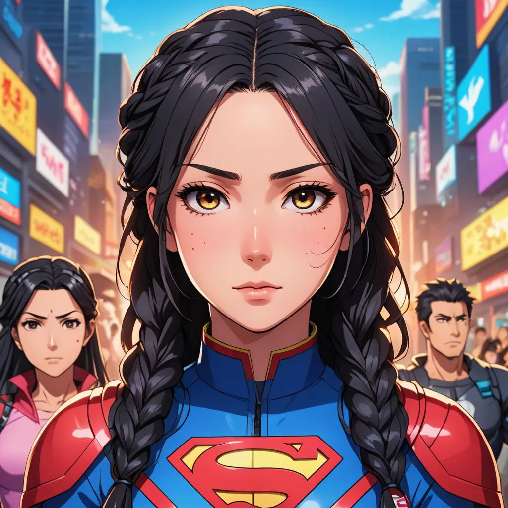 a woman in a superman suit standing in front of a crowd of people in a city with buildings and signs, superflat, a character portrait, Artgerm, comic cover art