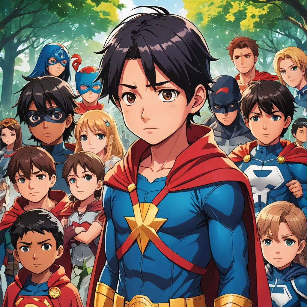 a group of people in costumes standing in front of a forest with trees and a man in a red cape, rayonism, a comic book panel, Artgerm, official art