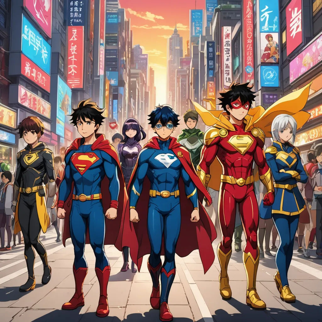 a group of young men in superhero costumes standing on a city street with a crowd of people in the background, superflat, a comic book panel, Baiōken Eishun, official art