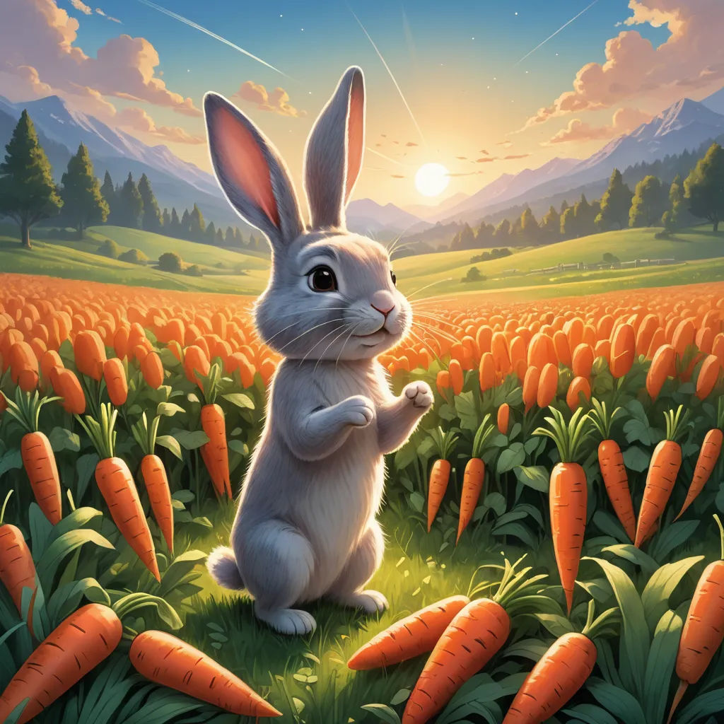 a rabbit is standing in a field of carrots with the sun in the background and a mountain range in the distance, furry art, a storybook illustration, Chris LaBrooy, rossdraws global illumination