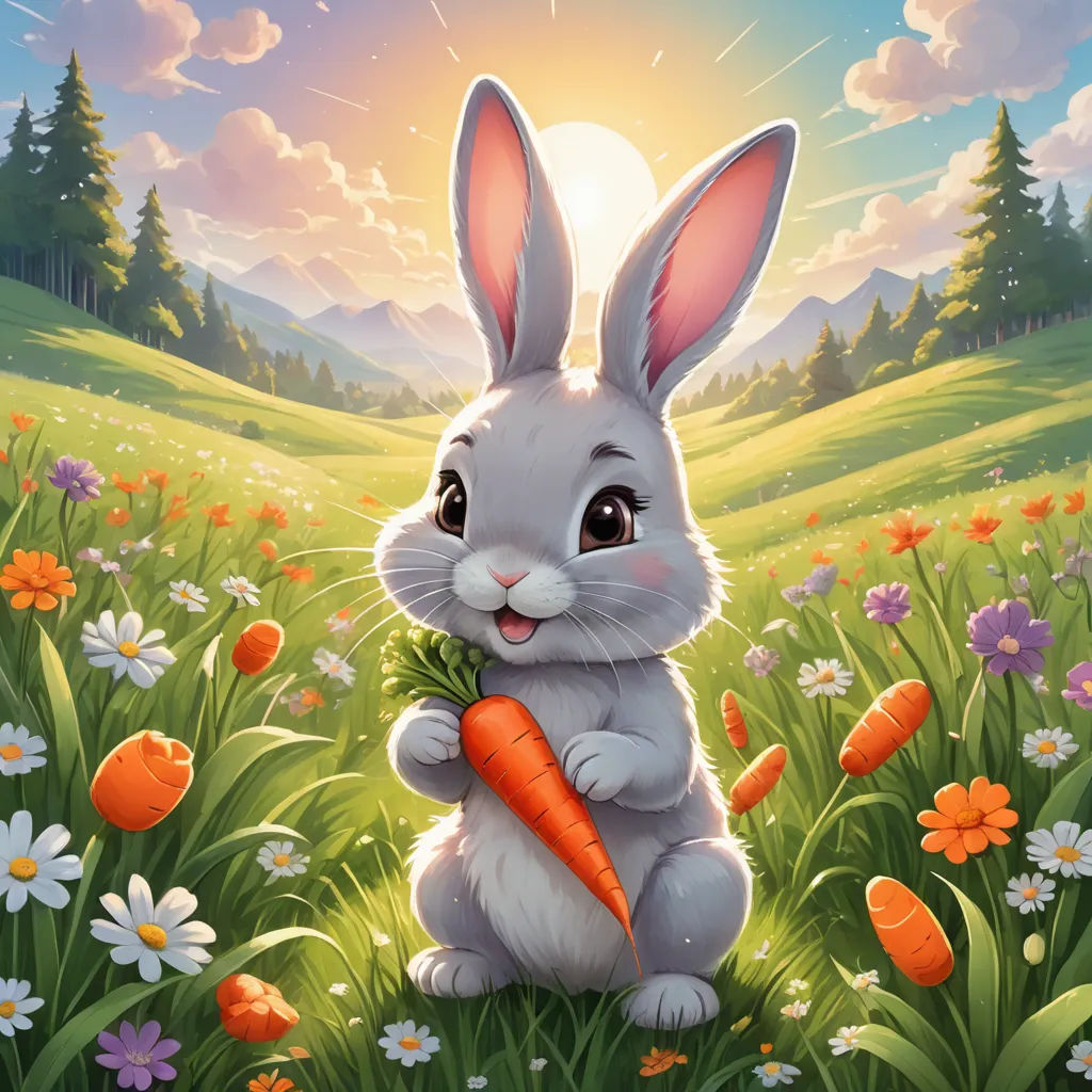 a rabbit holding a carrot in a field of flowers and grass with the sun in the background and a sky with clouds, furry art, a detailed painting, Chris LaBrooy, official art