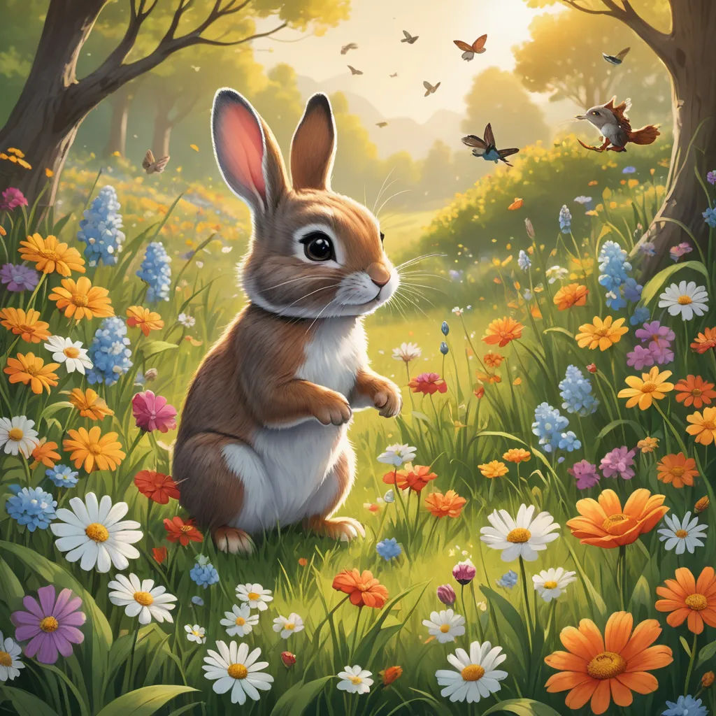 a painting of a rabbit sitting in a field of flowers and butterflies with a butterfly flying overhead in the background, furry art, a detailed painting, Chris LaBrooy, official art