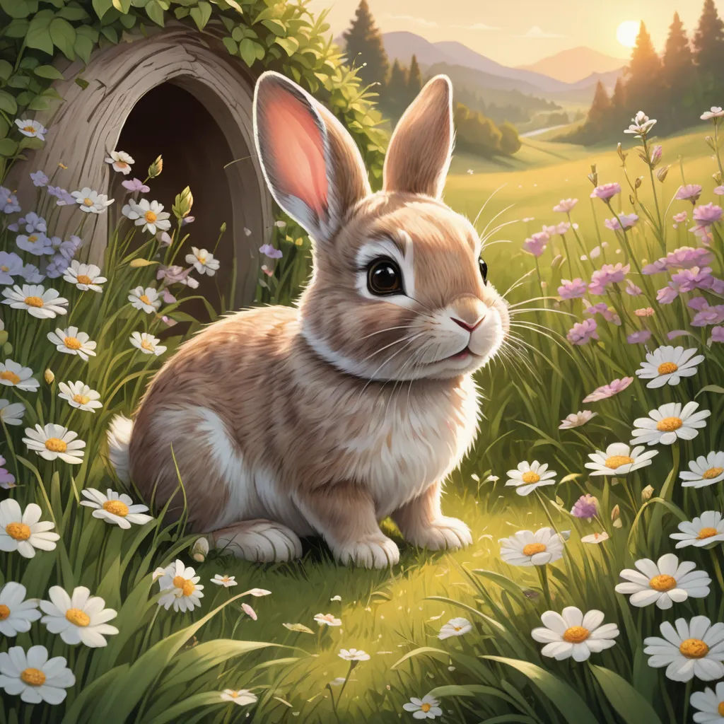a painting of a rabbit sitting in a field of flowers and daisies with a tunnel in the background, furry art, a detailed painting, Chris LaBrooy, official art