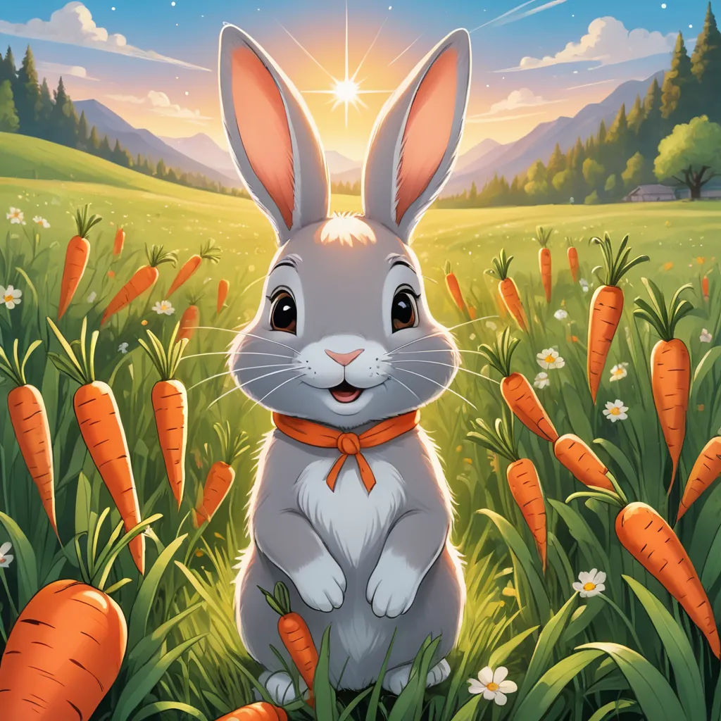 a rabbit sitting in a field of carrots with the sun shining behind it and a forest in the background, furry art, a storybook illustration, Beatrix Potter, official art