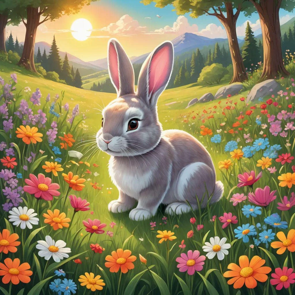 a painting of a rabbit sitting in a field of flowers with a sunset in the background and trees in the background, furry art, an airbrush painting, Chris LaBrooy, rossdraws global illumination