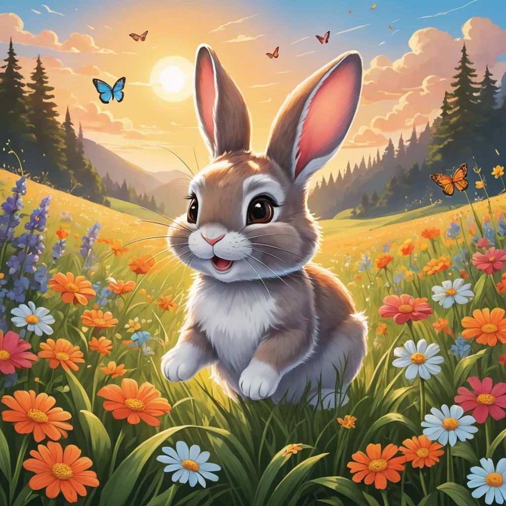 a painting of a rabbit in a field of flowers with a butterfly flying over it's head and a sunset in the background, furry art, a digital painting, Dan Mumford, rossdraws global illumination