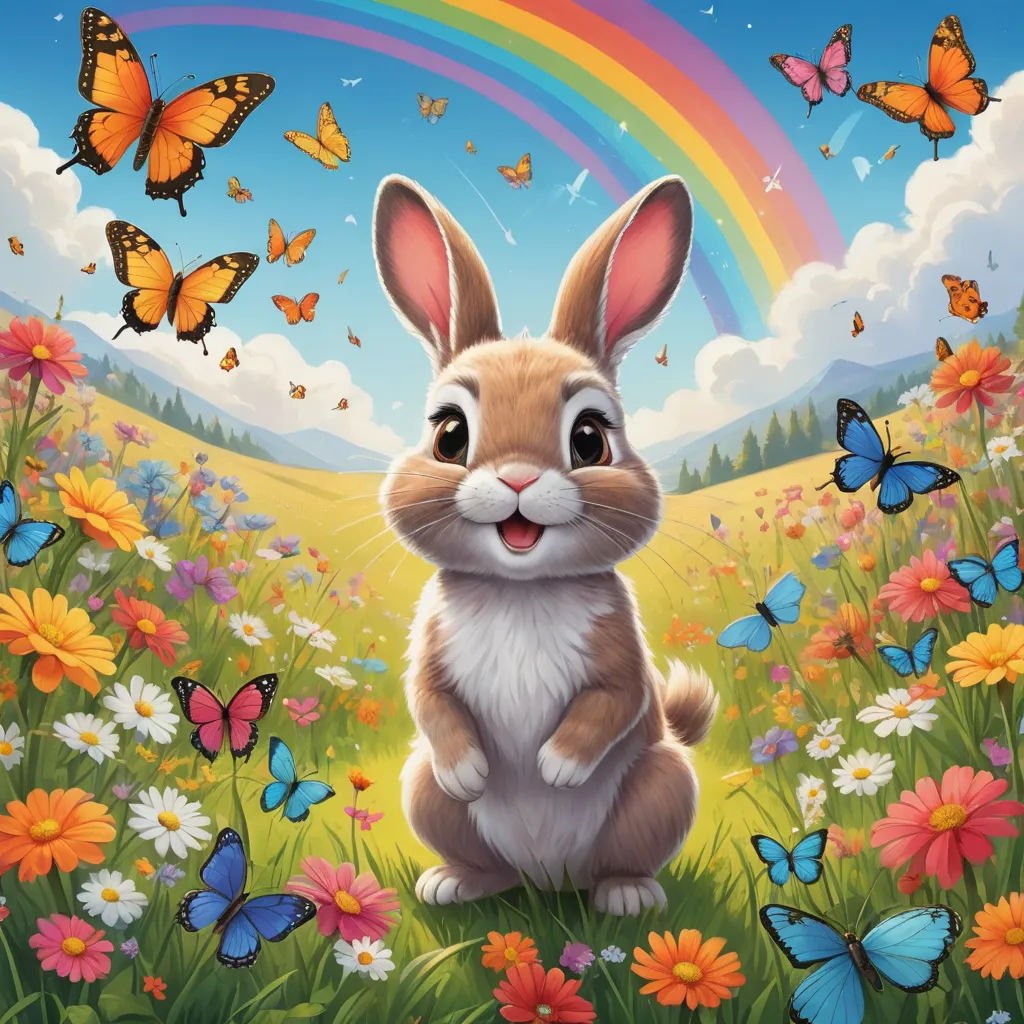 a painting of a rabbit in a field of flowers and butterflies with a rainbow in the background and a rainbow in the sky, furry art, a storybook illustration, Chris LaBrooy, rossdraws global illumination