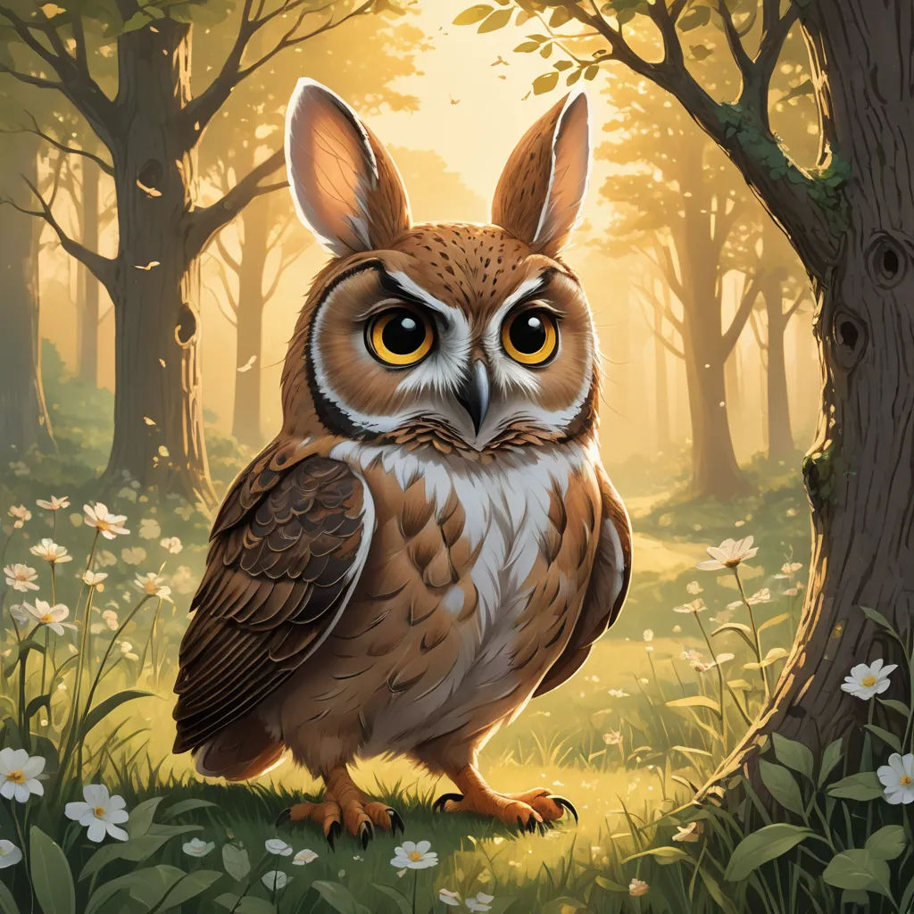a painting of an owl sitting in a forest with flowers and trees in the background, with the sun shining through the trees, fantasy art, a storybook illustration, Chris LaBrooy, magic the gathering artwork