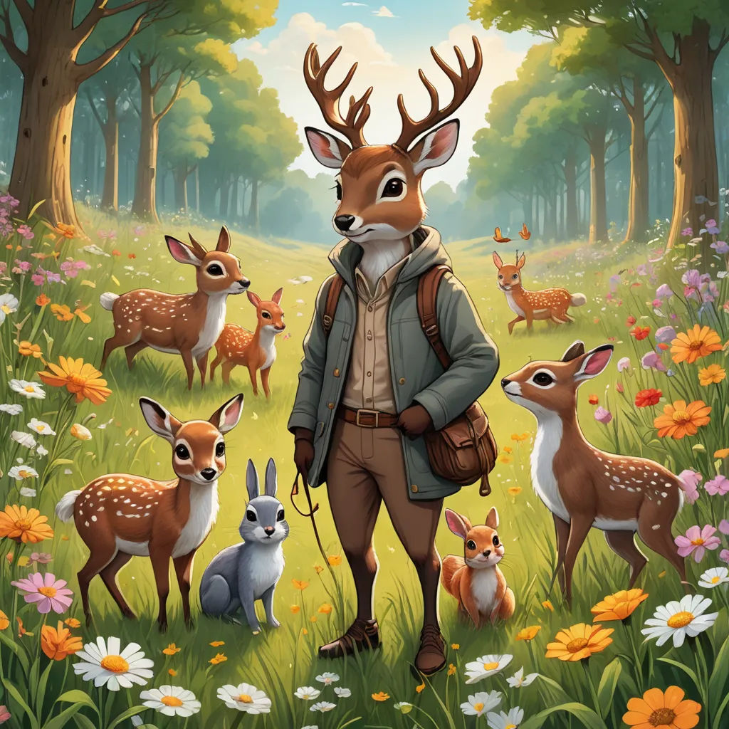 a man standing in a field with deer and rabbits in the background, with a forest scene in the background, furry art, a character portrait, Chris LaBrooy, key art
