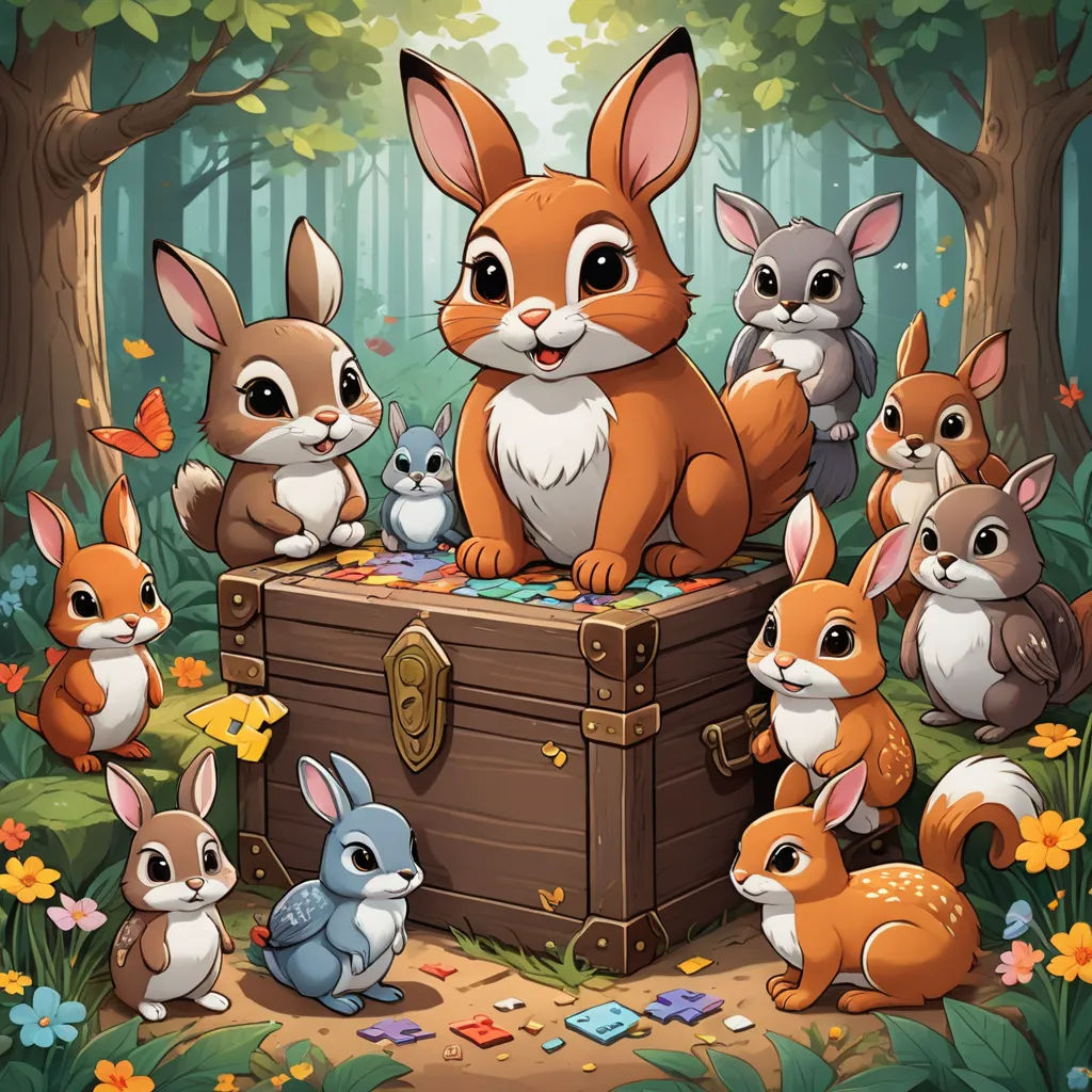 a group of animals that are sitting on a trunk in the woods with flowers and leaves around them, all looking at the camera, furry art, a jigsaw puzzle, Eden Box, rossdraws global illumination