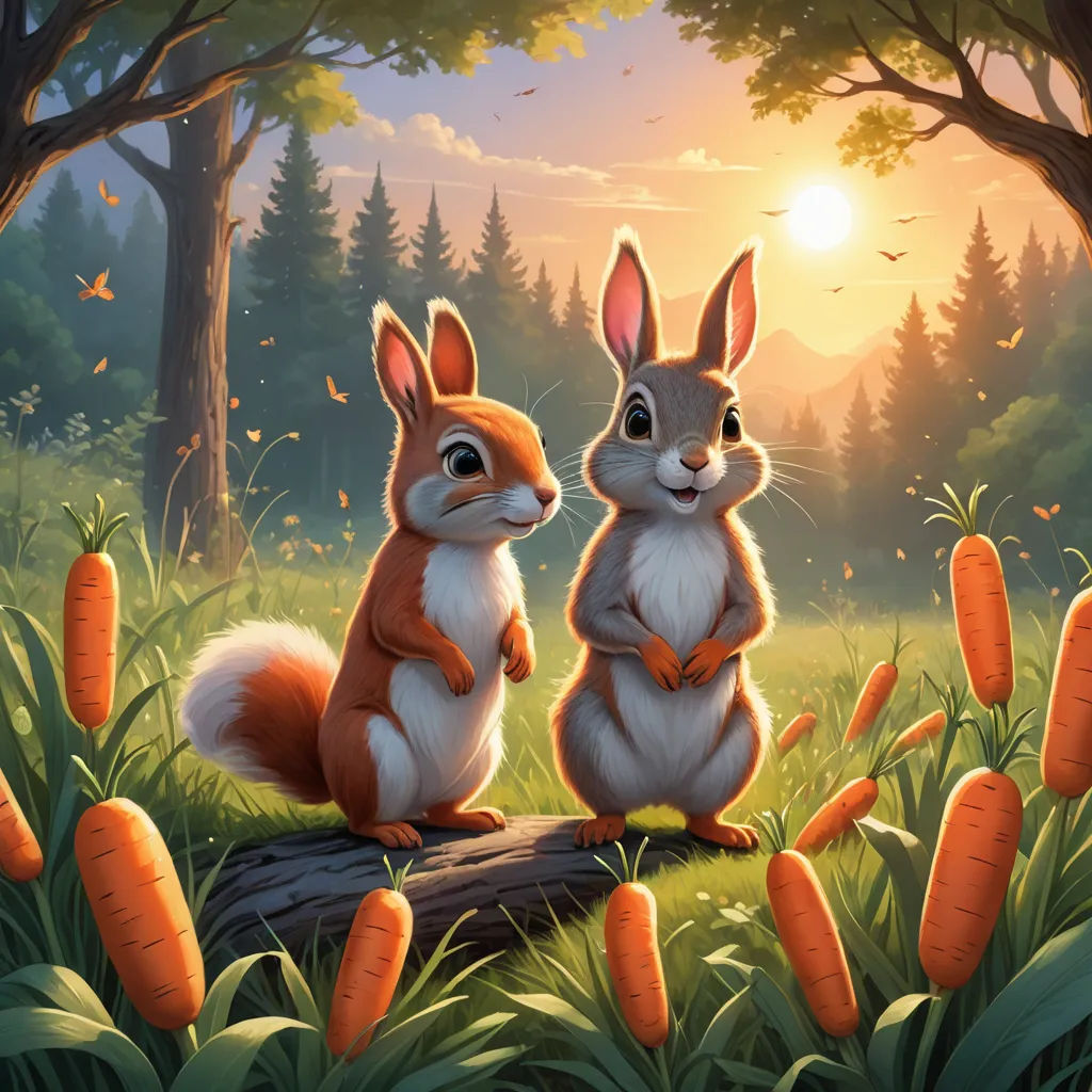 two rabbits sitting on a log in a forest with carrots in the foreground and a sunset in the background, furry art, an oil painting, Chris LaBrooy, official art