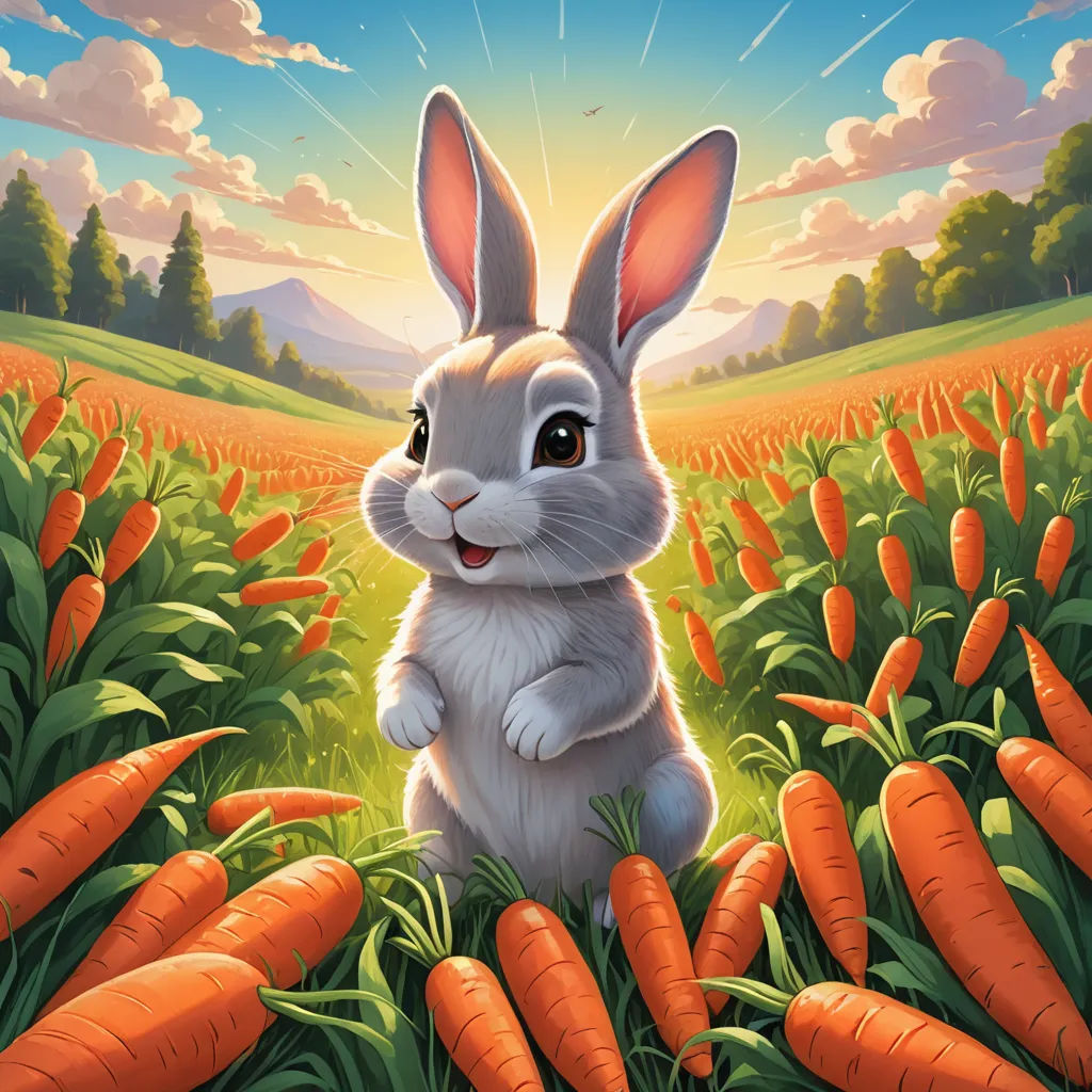 a rabbit is sitting in a field of carrots with the sun shining behind it and a field of grass and trees, furry art, a storybook illustration, Chris LaBrooy, rossdraws global illumination