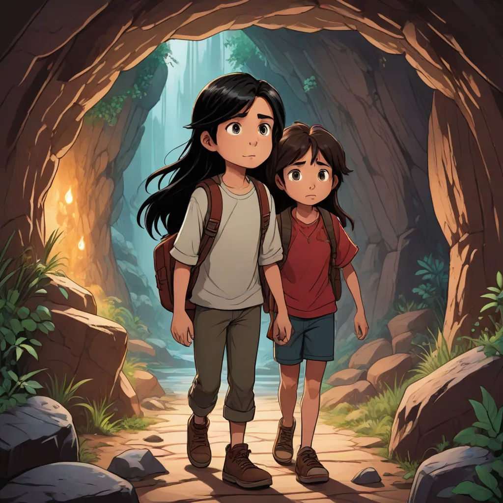 a boy and a girl standing in a cave with a waterfall in the background and a light at the end of the tunnel, Diego Gisbert Llorens, serial art, a storybook illustration, official art