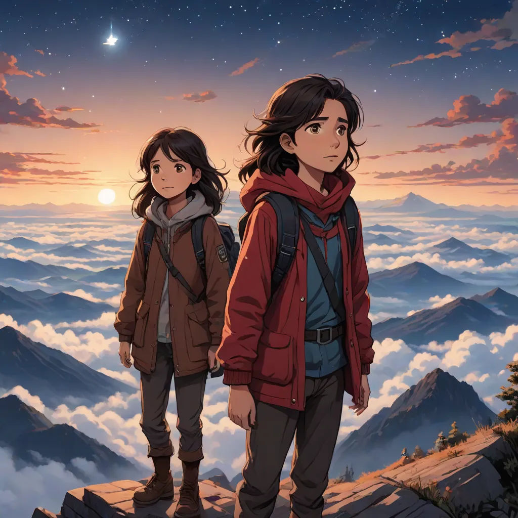 two people standing on a mountain looking at the sky with clouds and stars in the background and a full moon in the sky, Cliff Childs, space art, poster art, official art