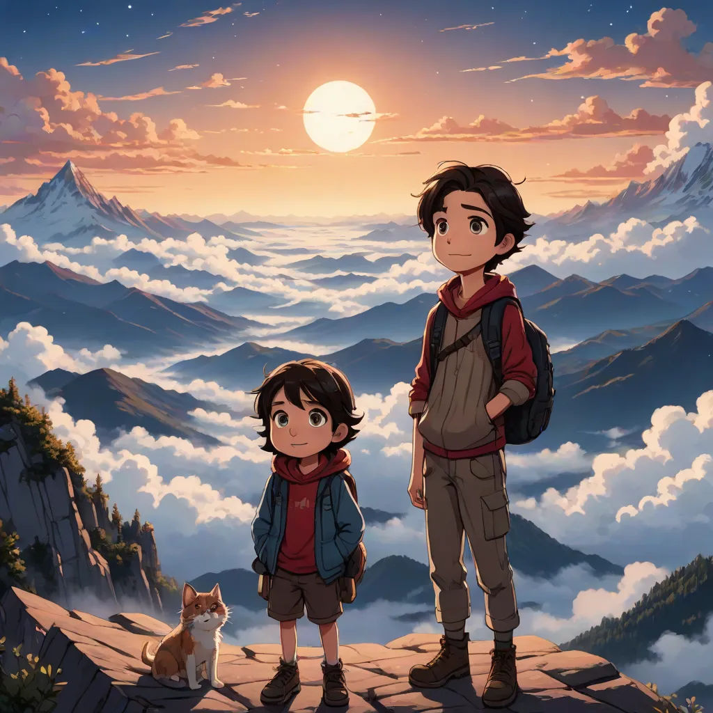 a boy and a girl standing on a mountain with a cat looking at the sky and clouds below them, Diego Gisbert Llorens, sots art, a detailed matte painting, anime key visual