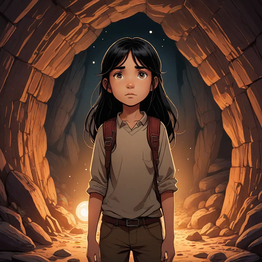a girl standing in a cave with a backpack on her shoulder and a light in the background, with a cave entrance in the background, Cliff Childs, serial art, concept art, rossdraws global illumination