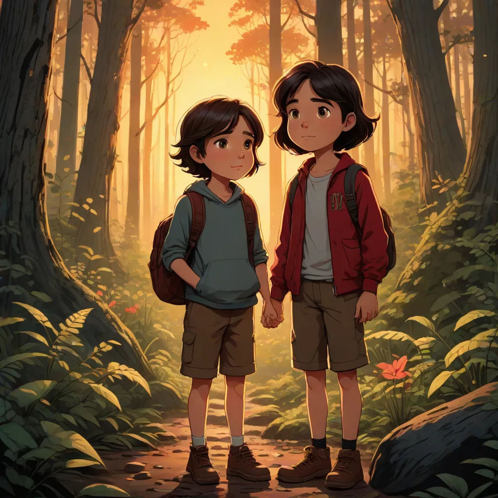 two children standing in a forest with a sun shining through the trees behind them and a forest path with leaves and flowers, Diego Gisbert Llorens, serial art, a storybook illustration, rossdraws global illumination