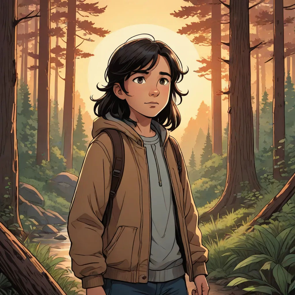 a young woman standing in a forest with a backpack on her shoulder and a sun in the background behind her, Aaron Jasinski, environmental art, a comic book panel, comic cover art