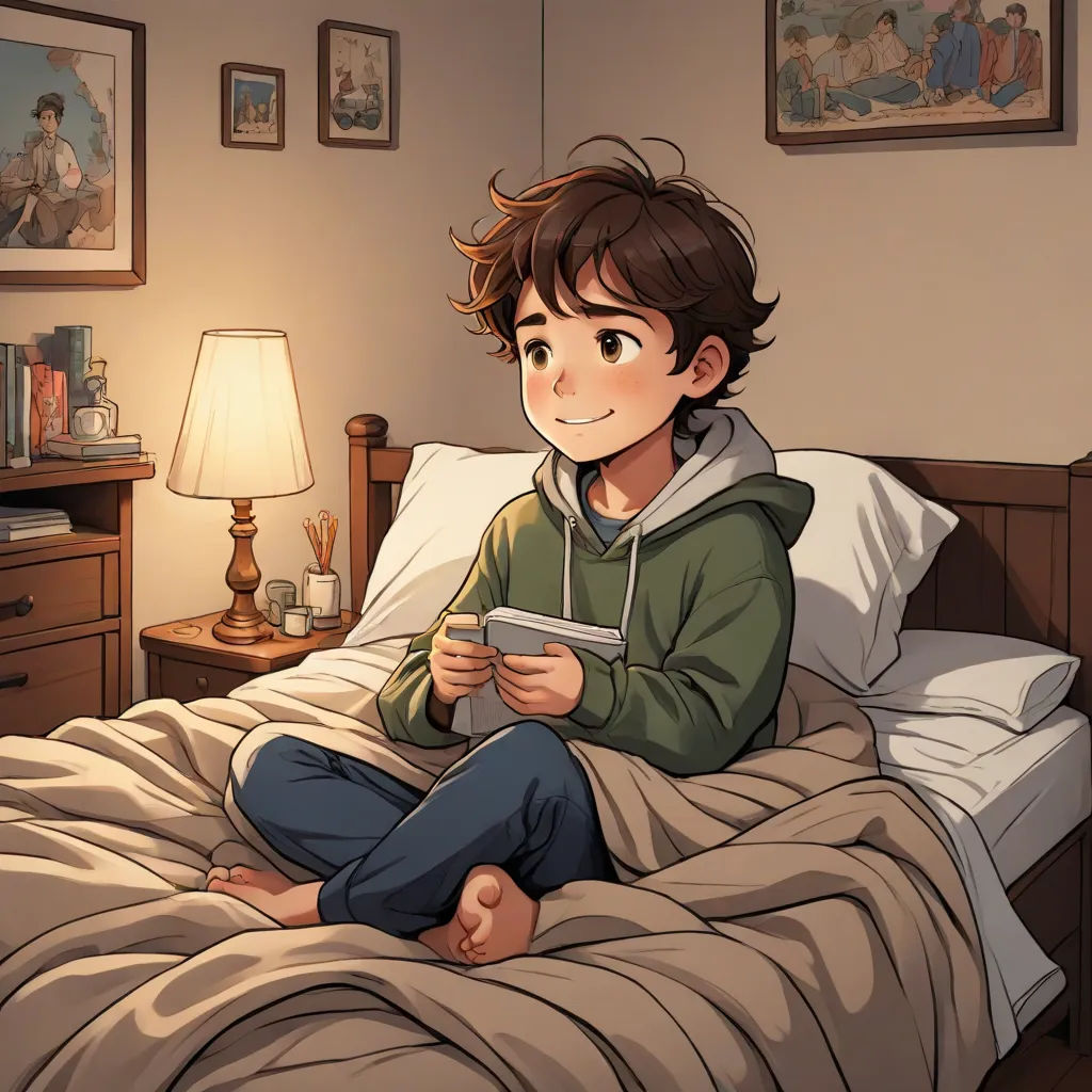 a boy sitting on a bed holding a remote control in his hand and looking at the camera with a smile, Diego Gisbert Llorens, sots art, a storybook illustration, rossdraws global illumination