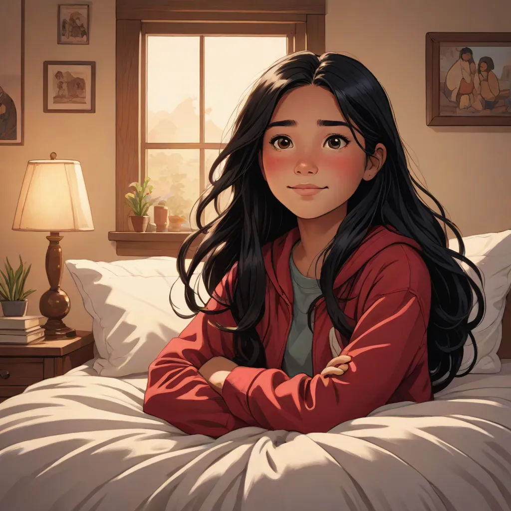a girl sitting on a bed with her arms crossed and looking at the camera with a smile on her face, Artgerm, photorealism, a character portrait, rossdraws global illumination