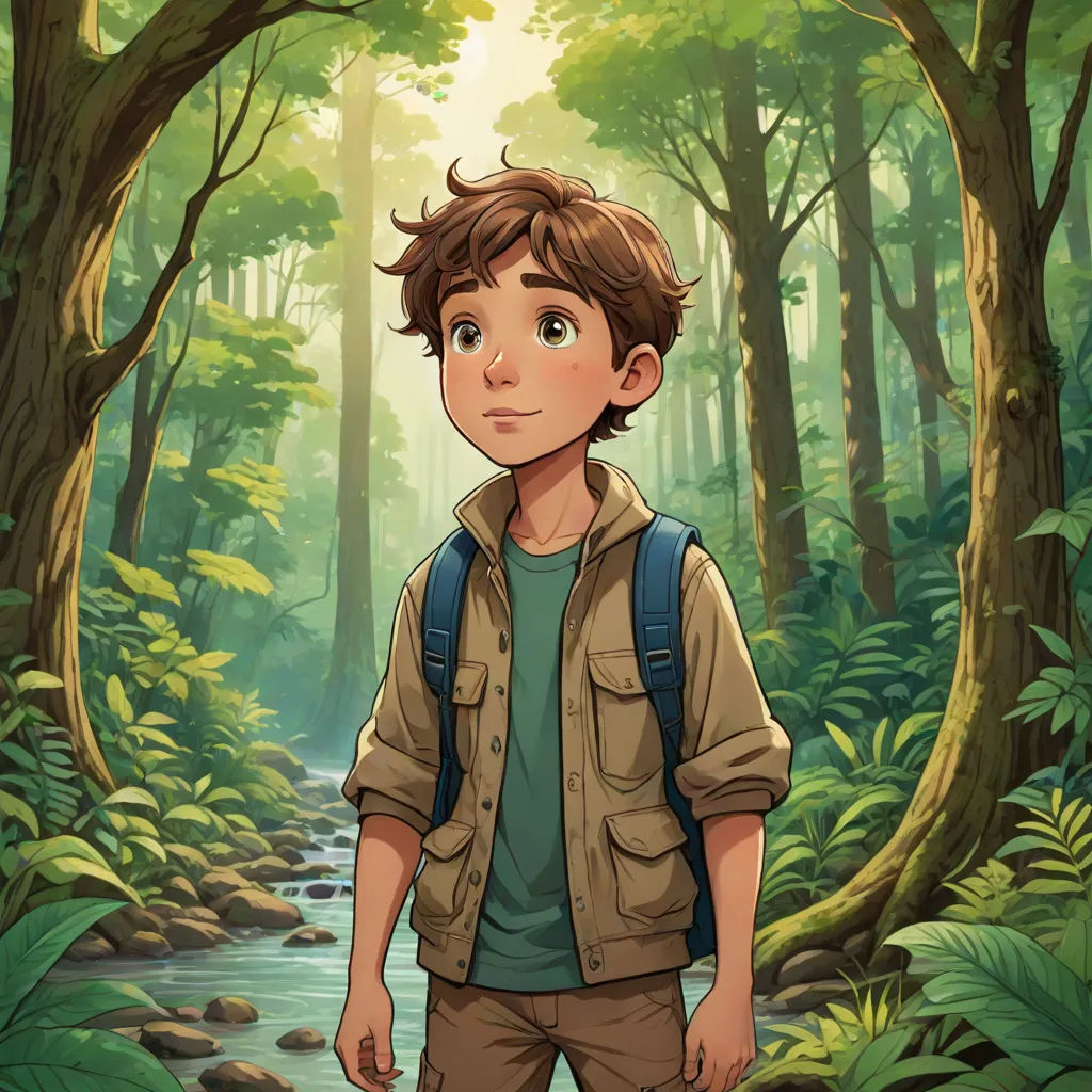 a boy standing in the middle of a forest with a stream running through it and trees around him, with a sun shining through the trees, Cliff Childs, naturalism, a character portrait, rossdraws global illumination