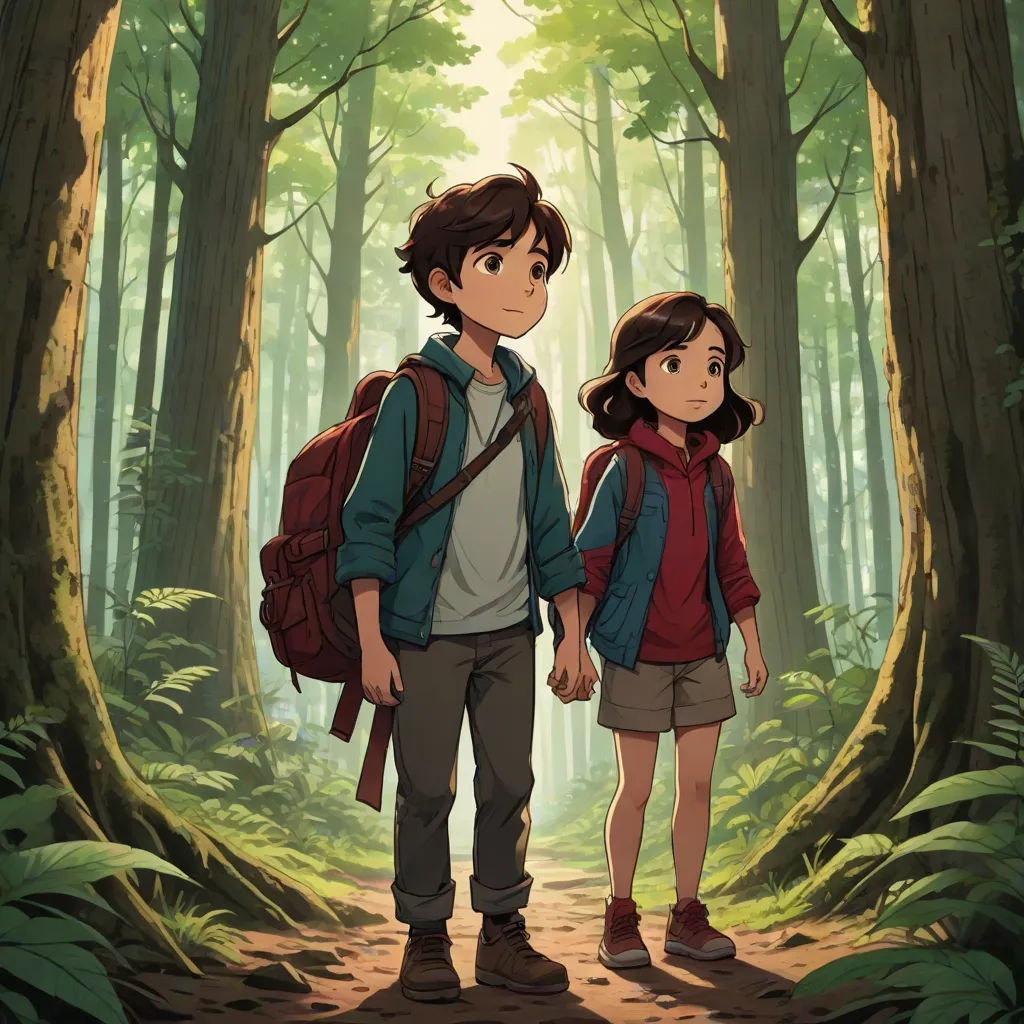 a boy and a girl are walking through a forest together with backpacks on their shoulders and a backpack on their shoulder, Eizan Kikukawa, serial art, poster art, official art