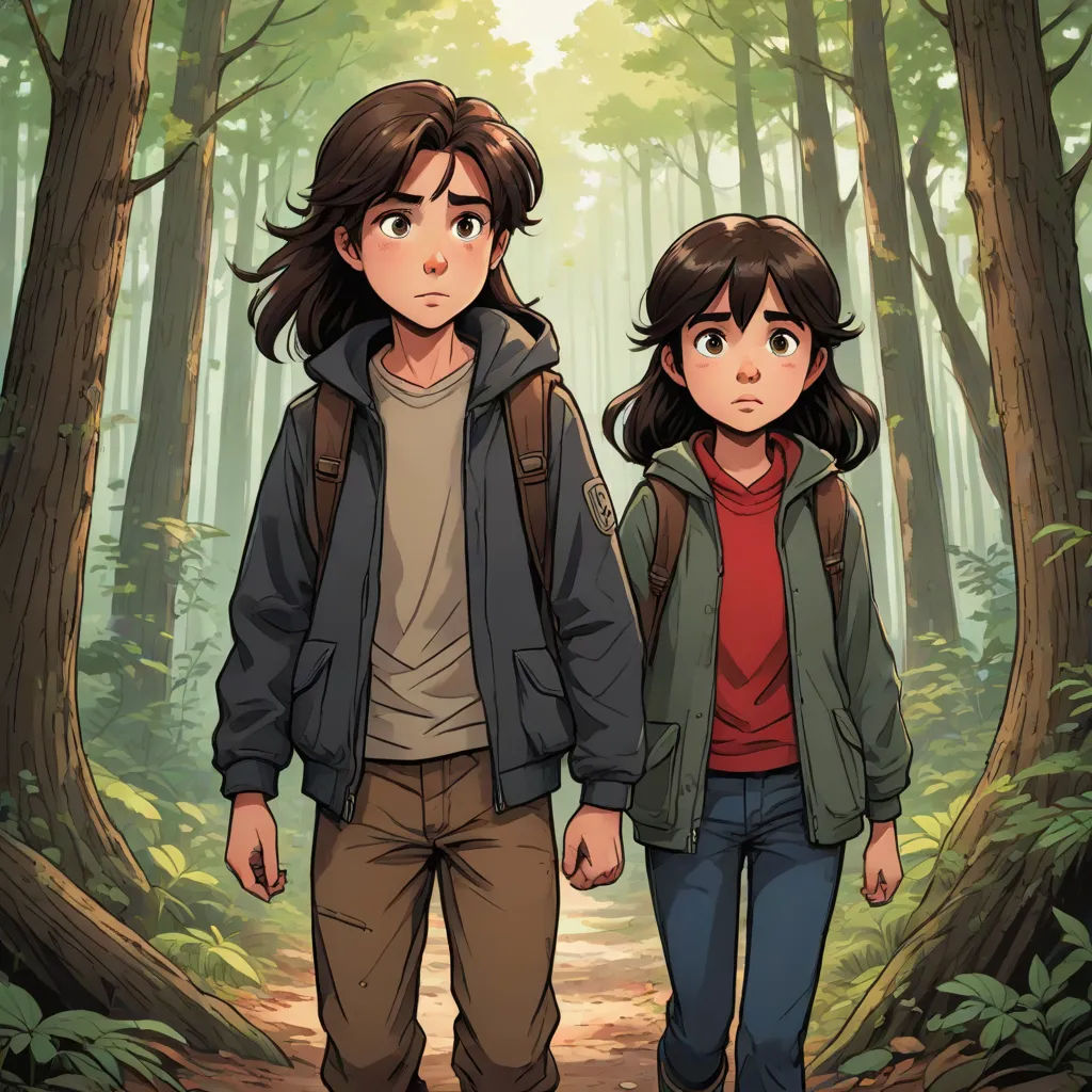 a couple of people walking through a forest next to trees and bushes with a forest background and a sun shining through the trees, Diego Gisbert Llorens, serial art, poster art, comic cover art