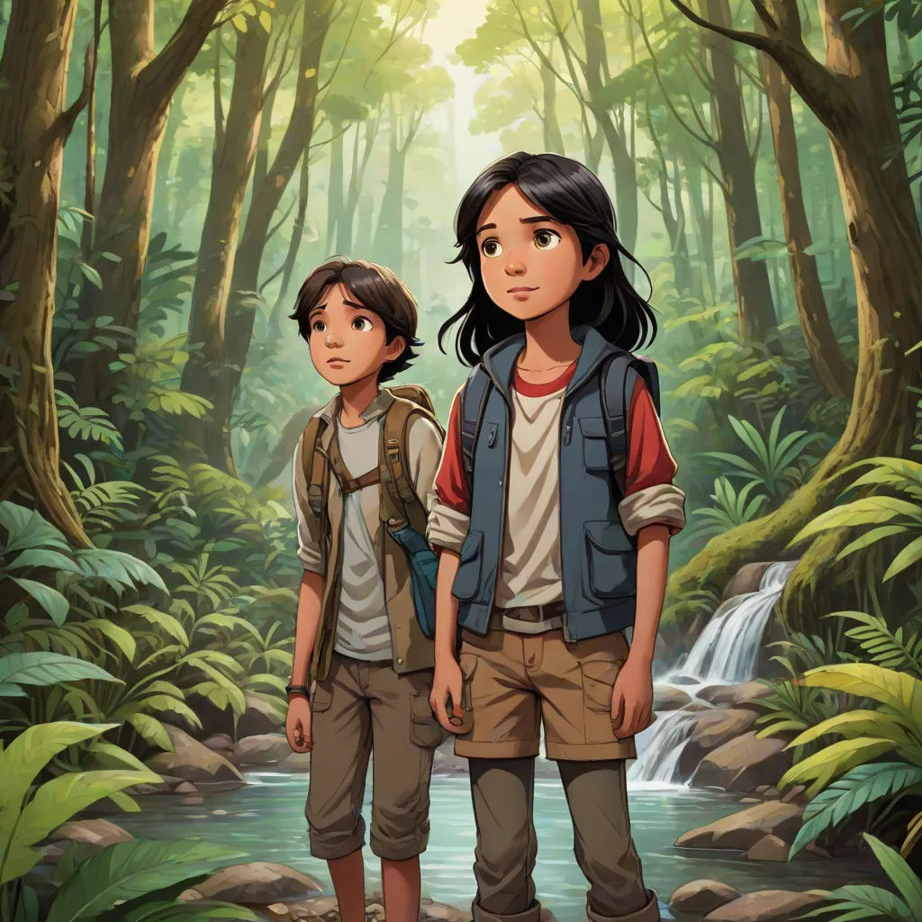 a boy and a girl standing in the woods looking at a waterfall and a waterfall behind them, with a waterfall in the background, Diego Gisbert Llorens, serial art, concept art, official art