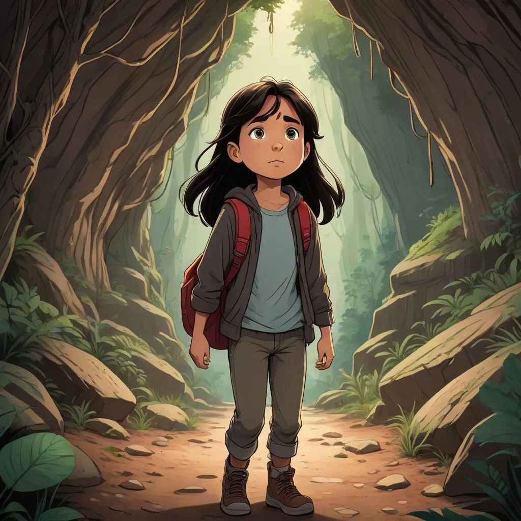 a young girl stands in a tunnel of trees in a forest with a backpack on her back and a backpack on her shoulder, Cliff Childs, environmental art, poster art, promotional image