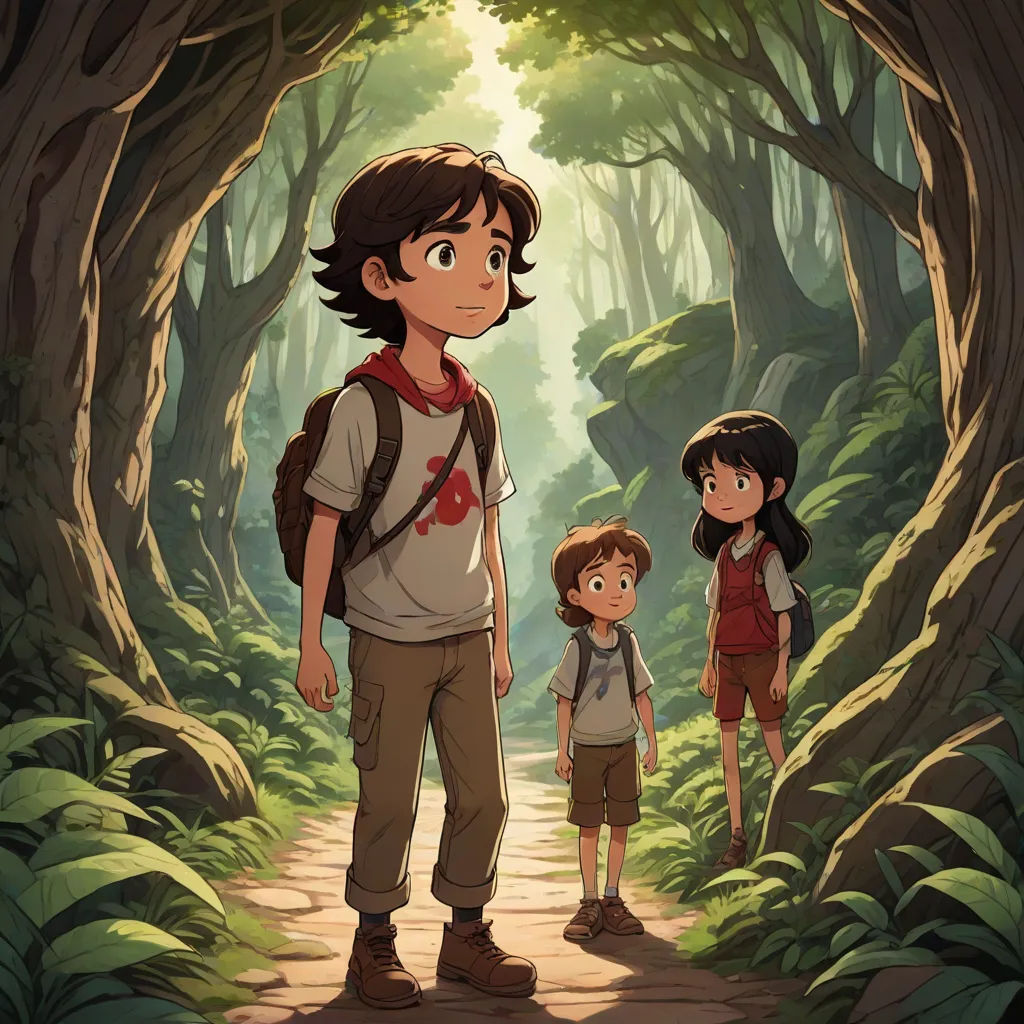 a man and two children standing in a forest with a light shining through the trees on the ground and a path leading to them, Diego Gisbert Llorens, serial art, a storybook illustration, official art