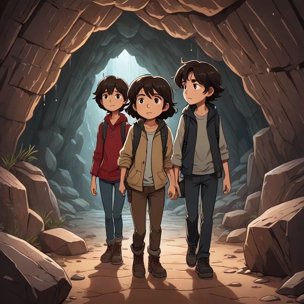 three people standing in a cave with a light at the end of the tunnel and a cave entrance behind them, Diego Gisbert Llorens, serial art, concept art, official art