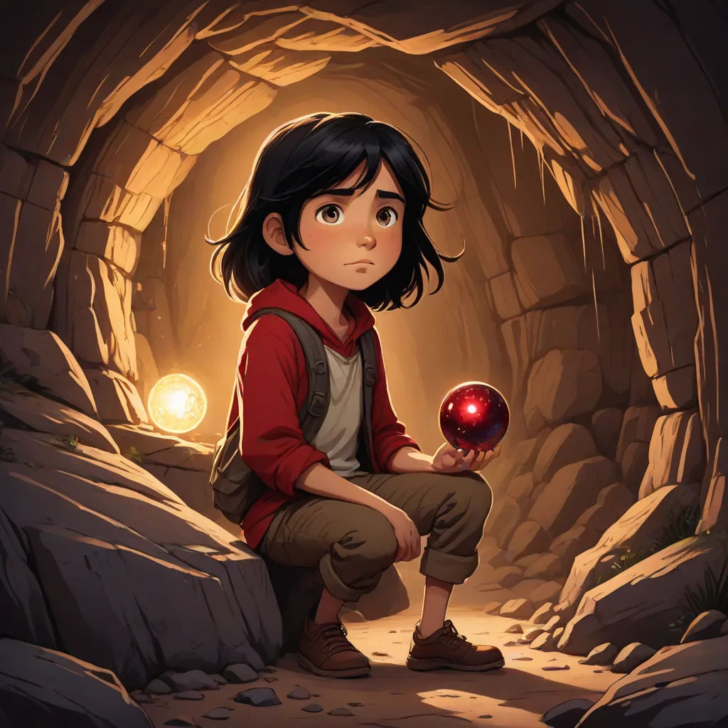 a young girl is holding a red ball in a cave with a light coming from it and a flashlight shining in the cave, Cliff Childs, fantasy art, a storybook illustration, rossdraws global illumination