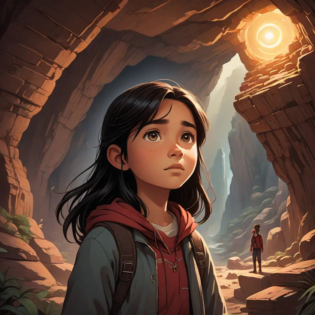 a girl standing in a cave looking up at a light in the distance with a man standing in the background, Aaron Jasinski, fantasy art, poster art, rossdraws global illumination