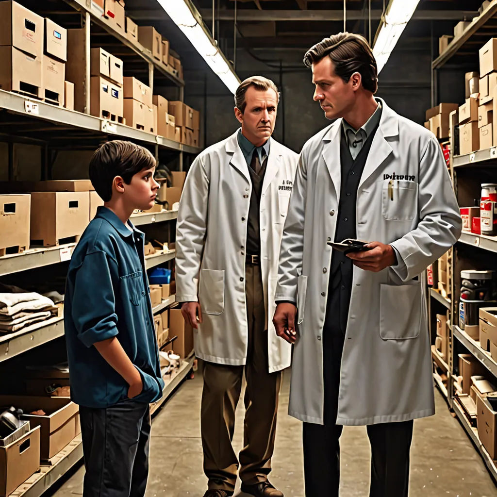 a group of men standing in a warehouse next to each other in front of shelves of boxes and boxes, neoplasticism, a poster, Clark Voorhees, promotional image