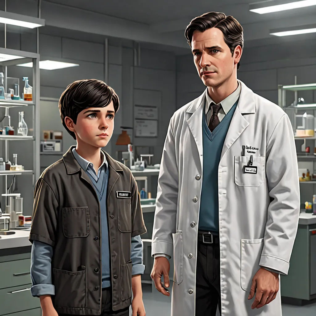a man and a boy in a lab looking at something on a table with a microscope in the background, sots art, computer graphics, Brothers Hildebrandt, official art