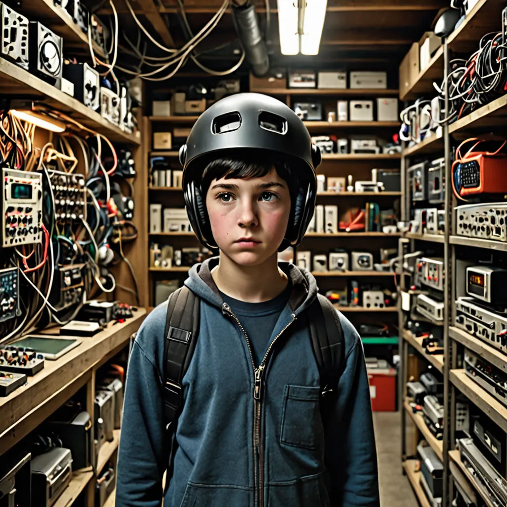 a young boy wearing a helmet standing in a room full of electronic equipment and equipment on shelves, with a light above him, les automatistes, a character portrait, David Budd, promotional image