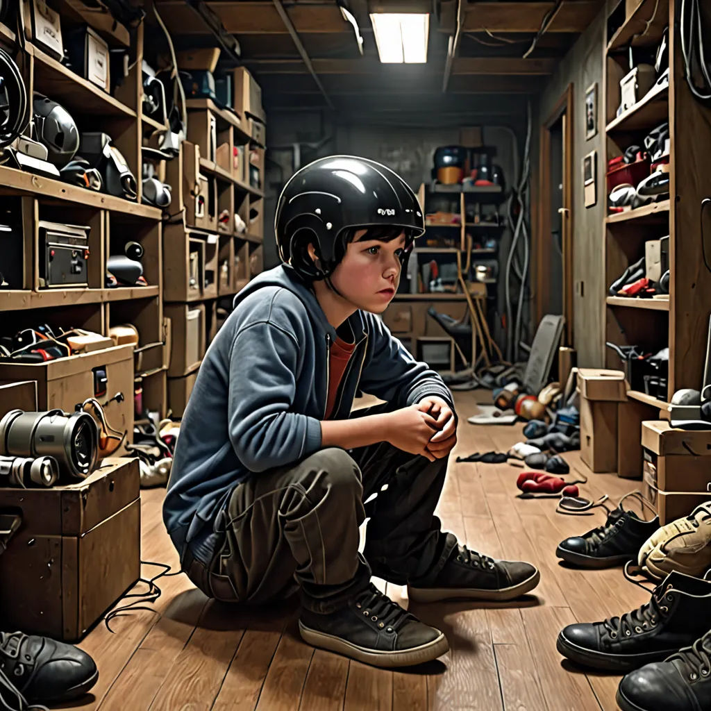 a boy sitting on the floor in a room full of shoes and helmets on shelves and shelves with a laptop, shock art, poster art, Charles Martin, promotional image
