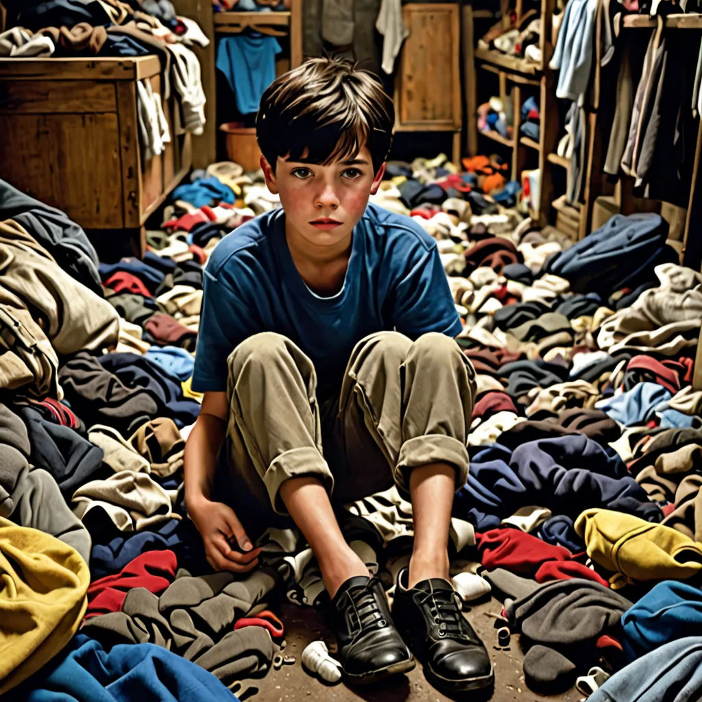 a boy sitting on the floor surrounded by clothes in a room with a lot of clothes on the floor, stuckism, poster art, David Annand, promotional image