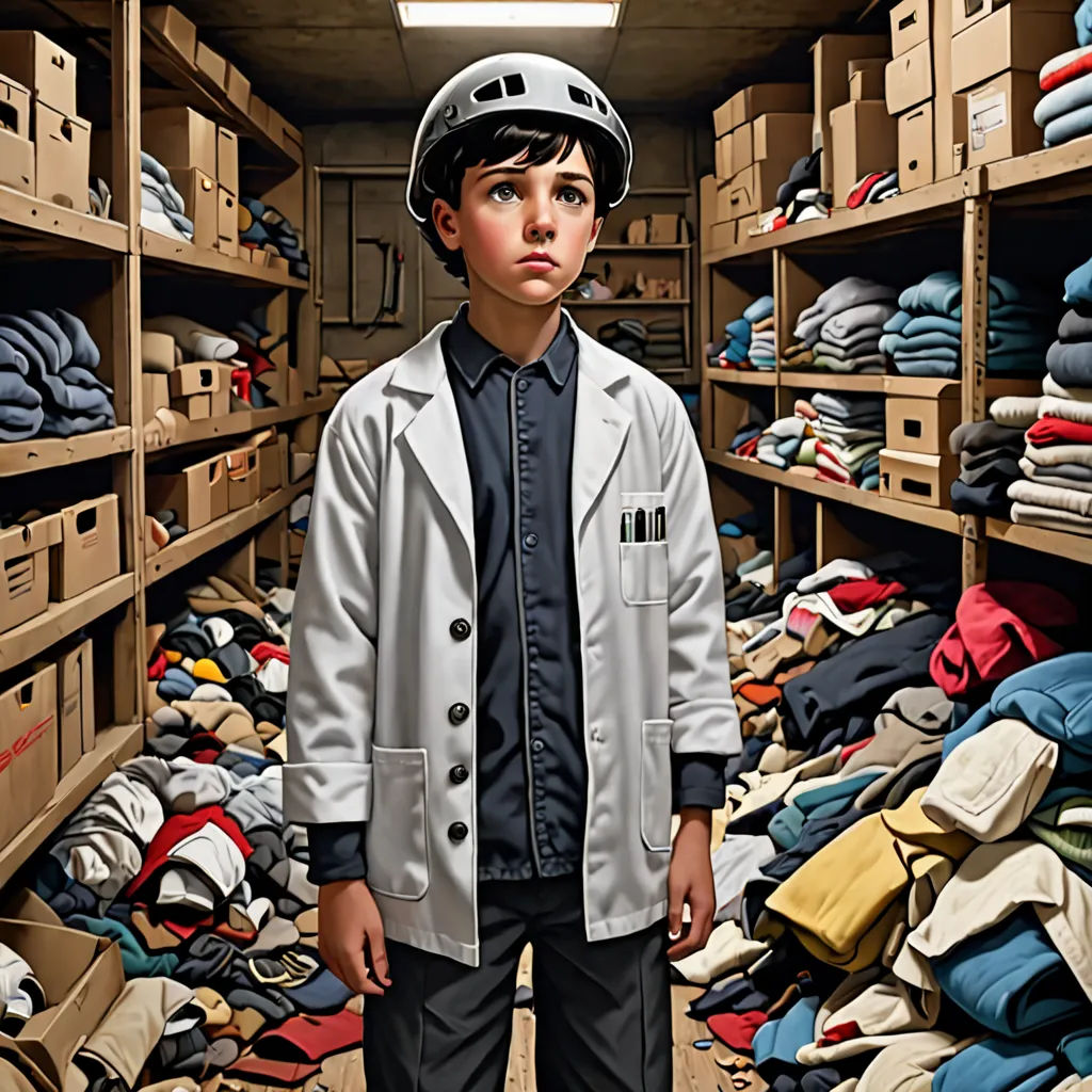 a boy in a room full of clothes and a helmet on his head and a helmet on his head, photorealism, a hyperrealistic painting, F. Scott Hess, highly detailed digital painting