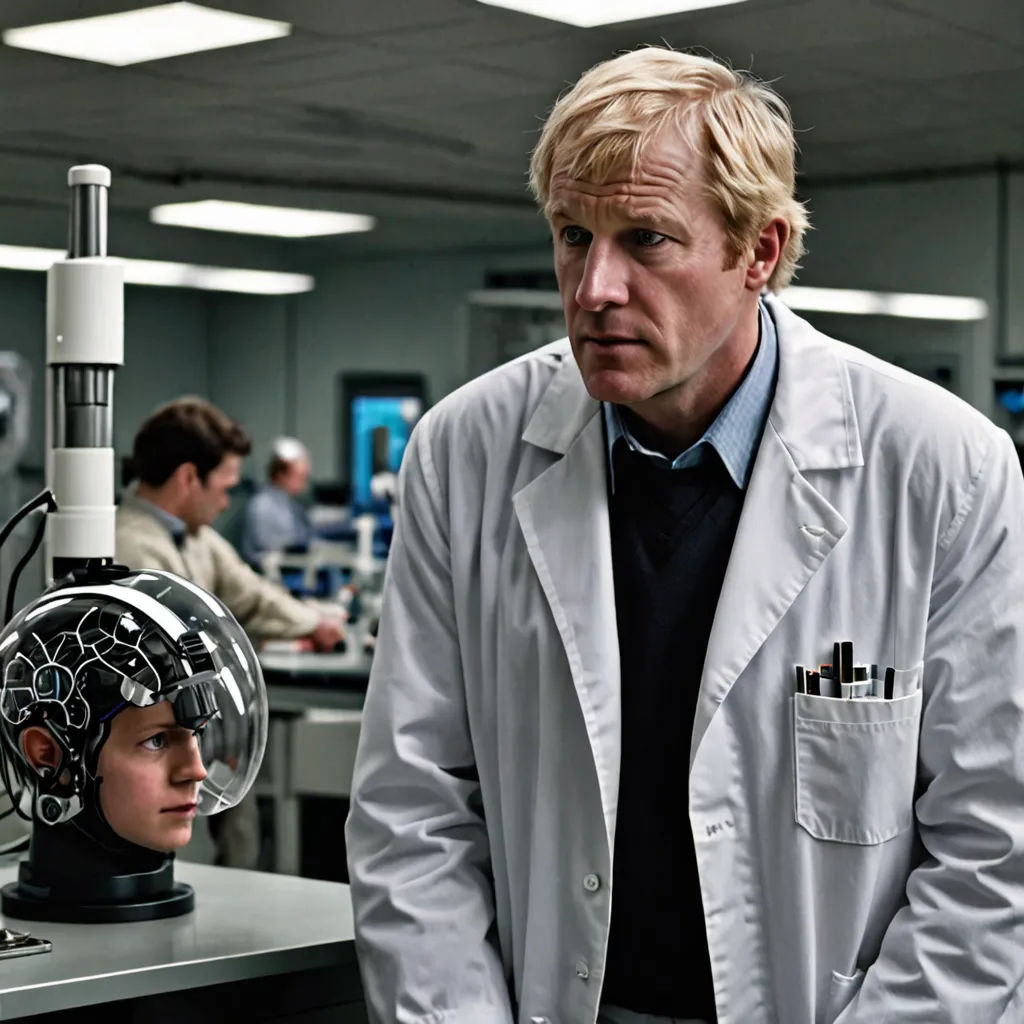 a man in a lab coat standing next to a robot head on a table in a room with other people, les automatistes, a character portrait, David Brewster, promotional image
