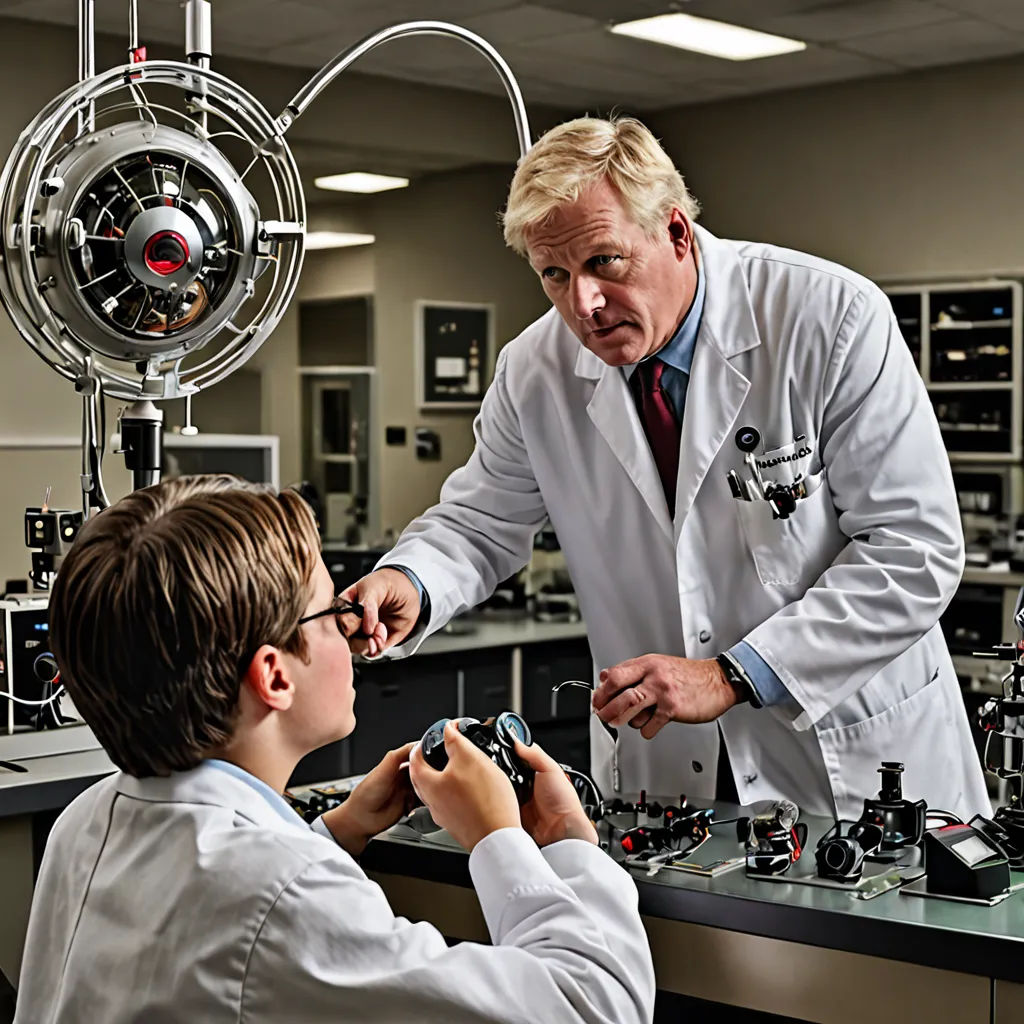 a man in a lab coat is looking at a boy in a lab coat and holding a camera and a microscope, heidelberg school, a stock photo, Eric Peterson, promotional image