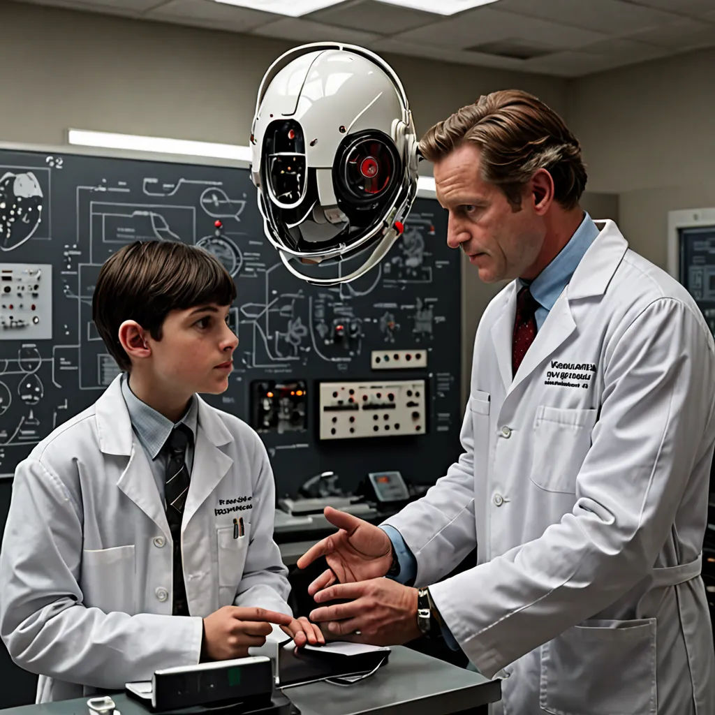 a man in a lab coat talking to a boy in a tie in front of a machine with a robot head on it, les automatistes, a screenshot, Christopher Perkins, vfx
