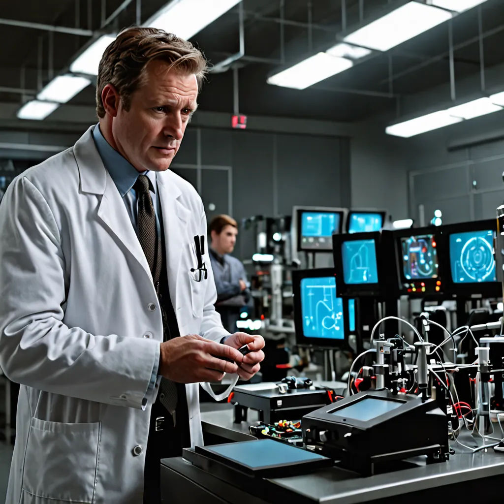 a man in a lab coat looking at a device in a lab with other people in the background and a ceiling of lights, assemblage, a stock photo, Charles Mahoney, promotional image