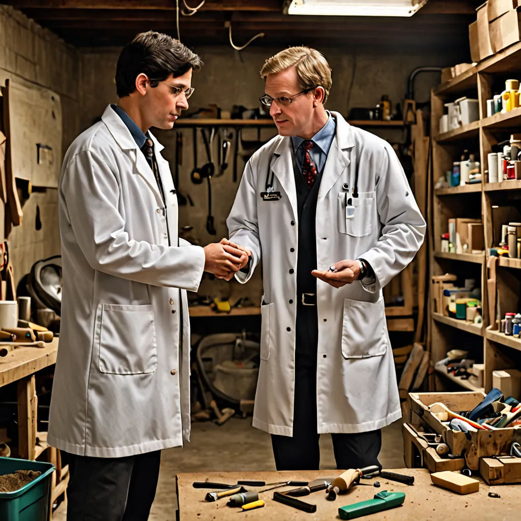 two men in lab coats looking at a workbench with tools on it and a man in a black shirt, neoplasticism, a stock photo, Doc Hammer, promotional image