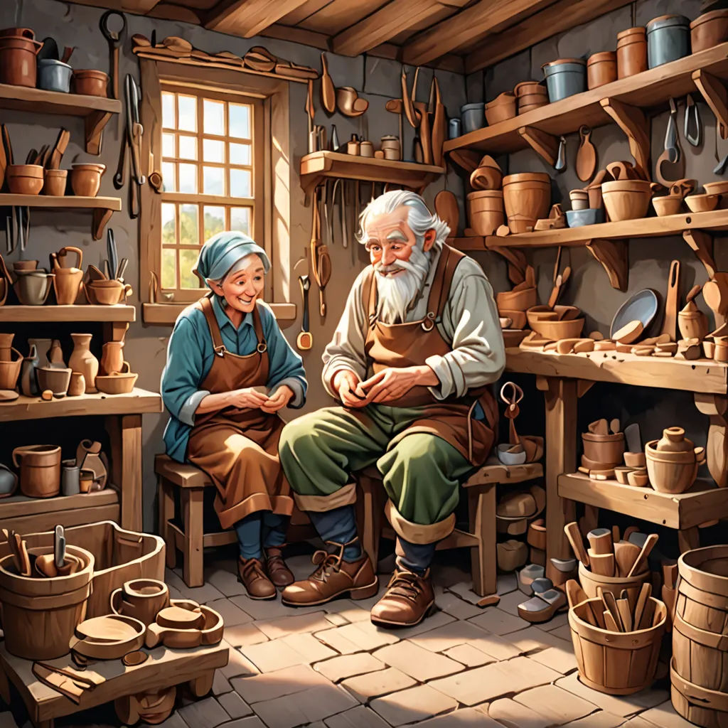 a painting of an elderly couple working in a pottery shop with pottery pots and pots on the shelves and on the floor, fantasy art, a storybook illustration, Brothers Hildebrandt, highly detailed digital painting
