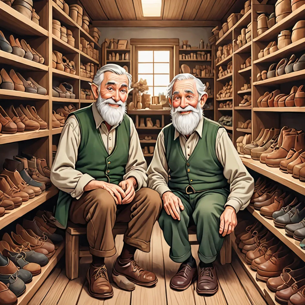 two older men sitting in a shoe store with shoes on the shelves and a window in the background with a skylight, fantastic realism, a storybook illustration, Brothers Hildebrandt, highly detailed digital painting