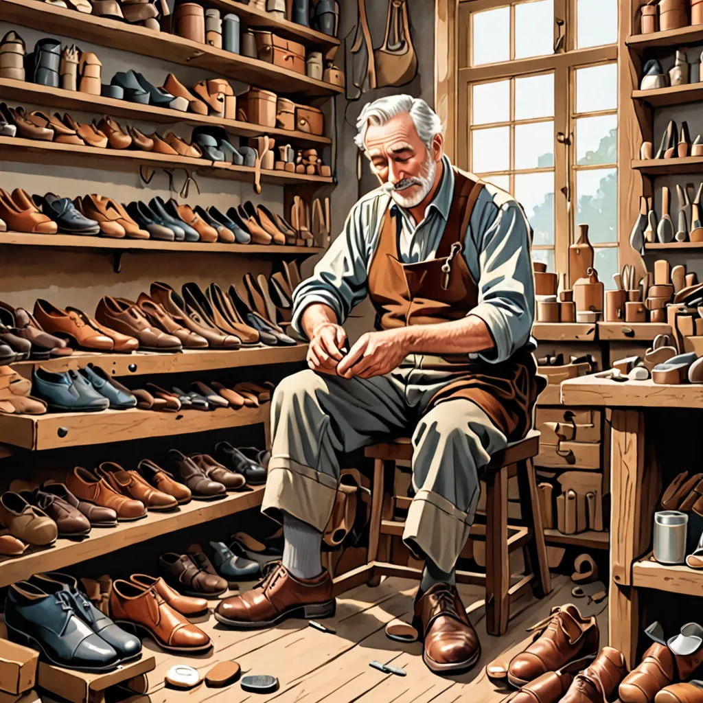 a man sitting in a shoe shop surrounded by shoes and shoeshelves and a window with a view of the outside, arts and crafts movement, a storybook illustration, Charles Ginner, highly detailed digital painting
