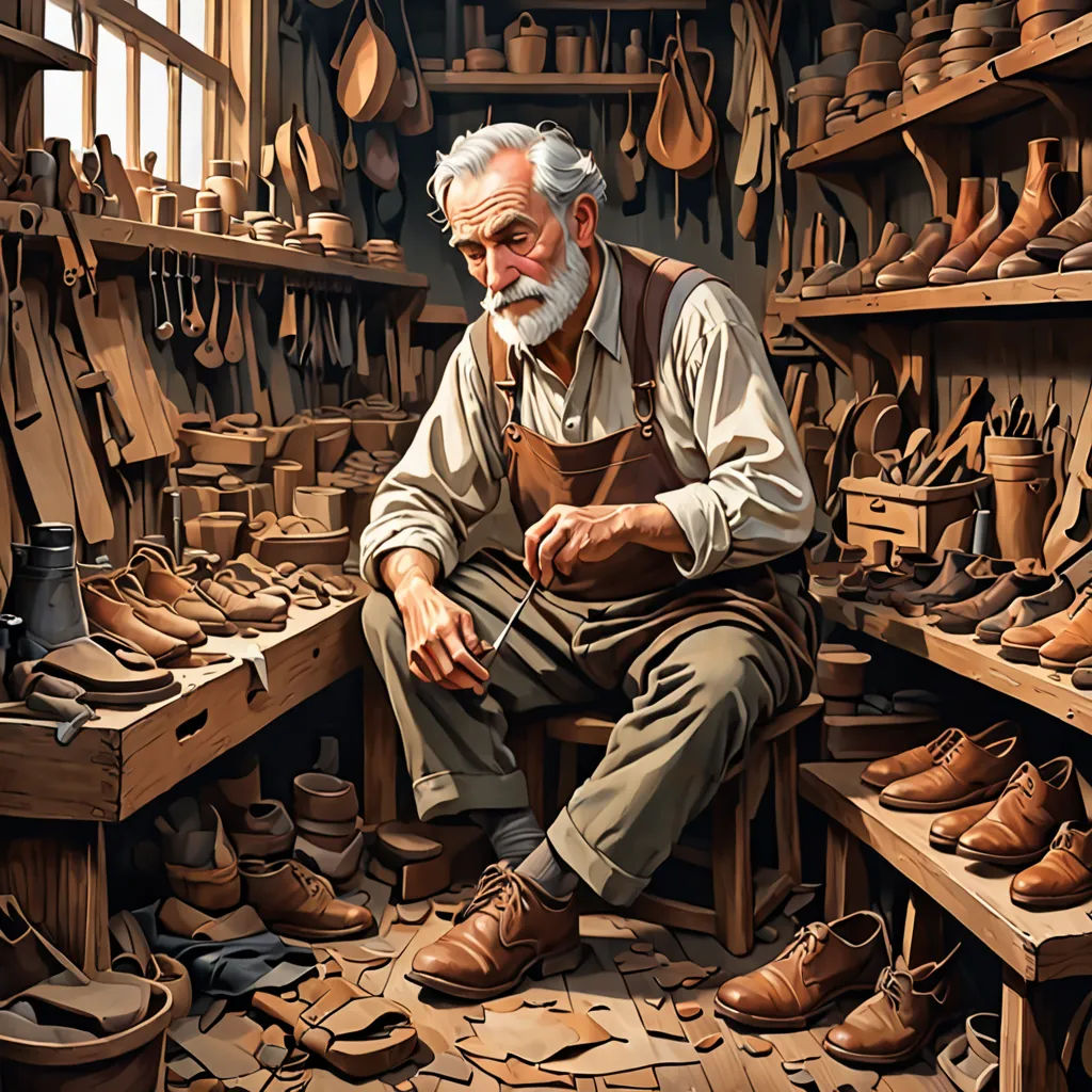 a painting of a man sitting in a shoe shop surrounded by shoes and shoeshelves and a rack of shoes, arts and crafts movement, a photorealistic painting, Brothers Hildebrandt, highly detailed digital painting